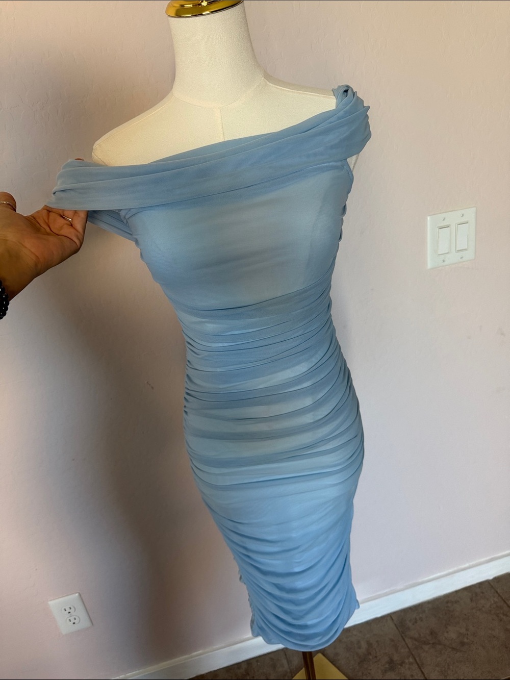 Fashion Nova Powder Blue Off-Shoulder Ruched Midi Dress